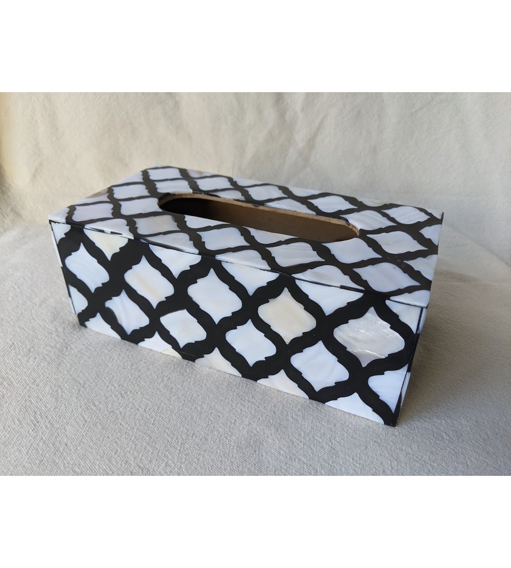 Vintage Handmade Black & White Tissue Box w/ Inlaid Mother of Pearl